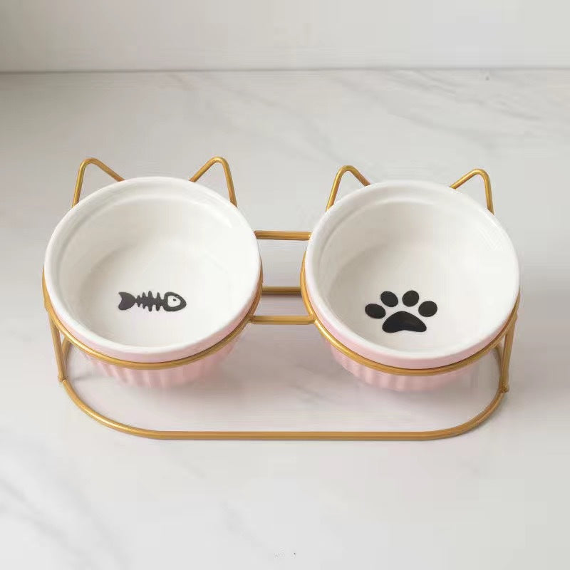 Pet Ceramic Double Bowl Elevated Feeding Set