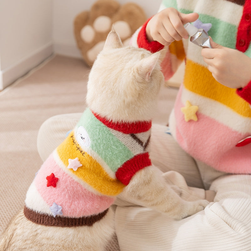 Pet Autumn Winter Cartoon Star Striped Warm Sweater Apparel