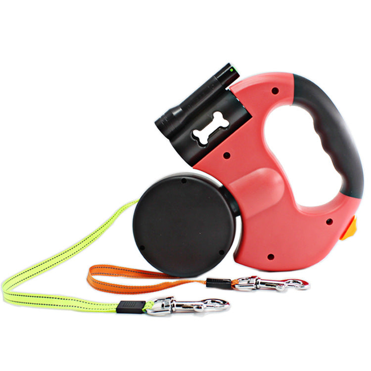 Retractable Dual Head Pet Leash With Light Bag Dispenser