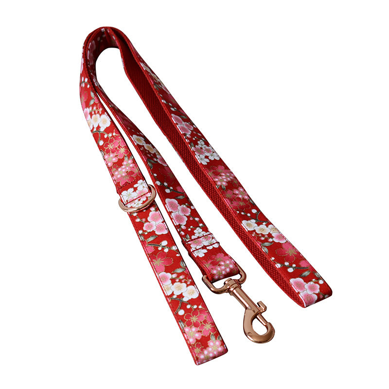 Pet Red Floral Style Adjustable Leash And Pen Set