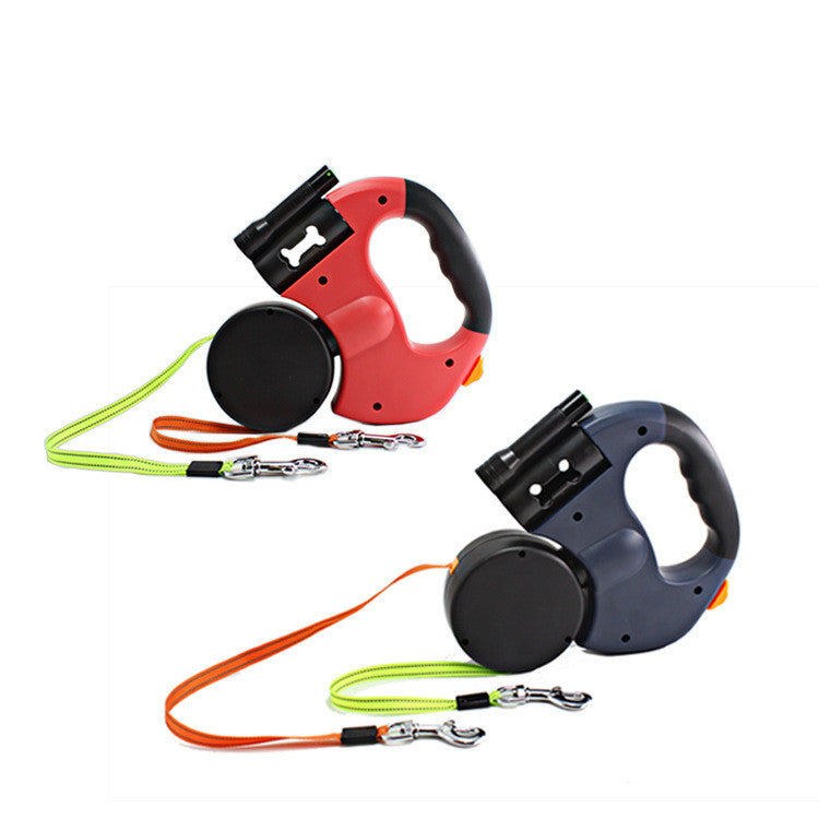 Retractable Dual Head Pet Leash With Light Bag Dispenser