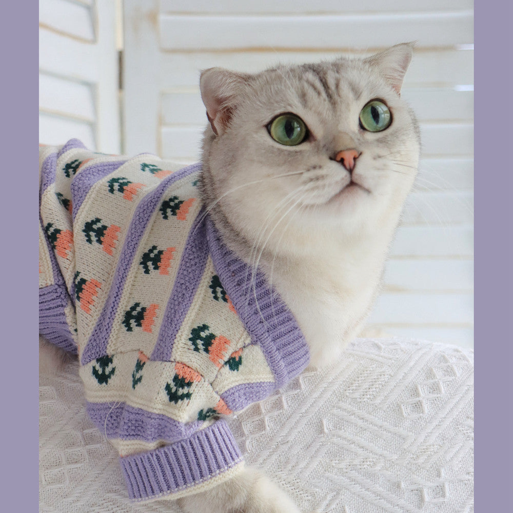 Pet Retro Purple Floral Autumn Winter Knitted Sweater