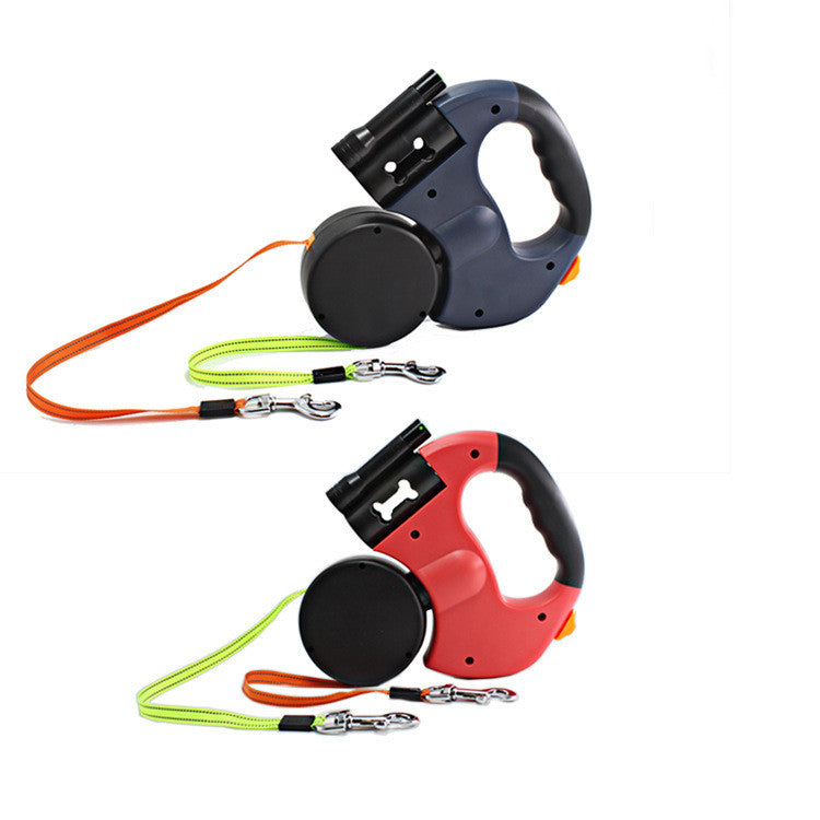 Retractable Dual Head Pet Leash With Light Bag Dispenser