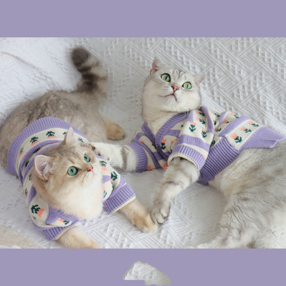 Pet Retro Purple Floral Autumn Winter Knitted Sweater