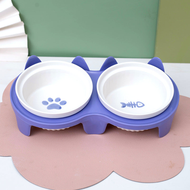 Pet Ceramic Double Bowl Elevated Feeding Set