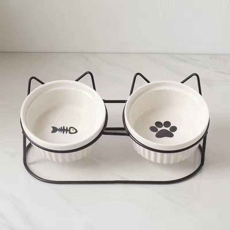 Pet Ceramic Double Bowl Elevated Feeding Set