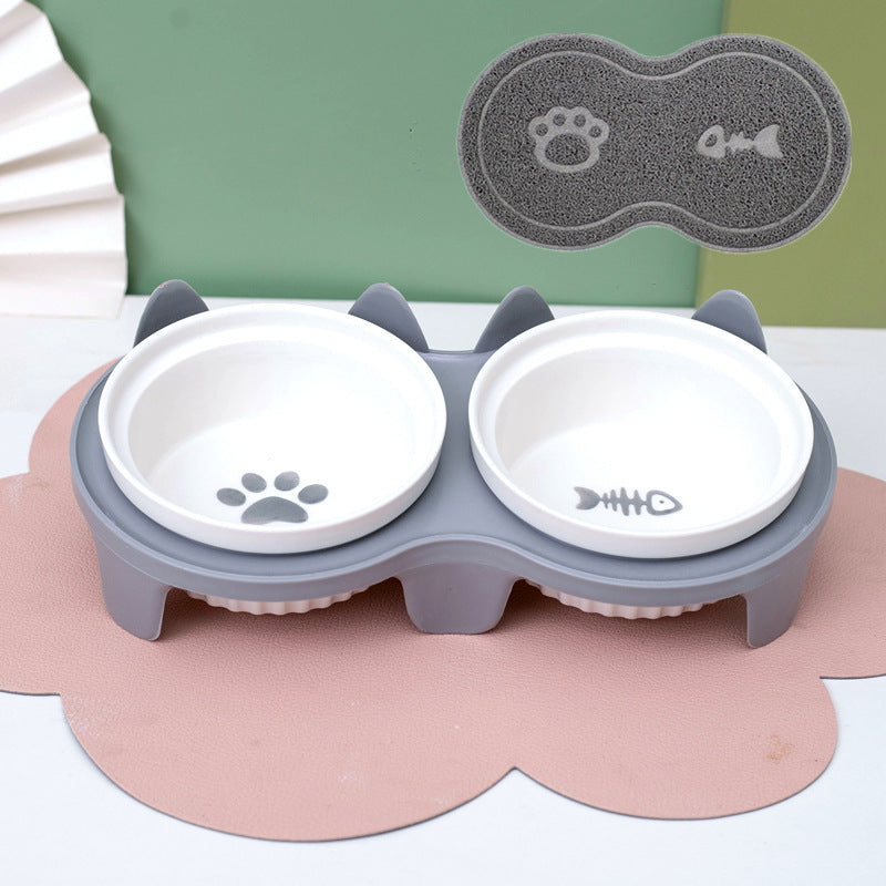 Pet Ceramic Double Bowl Elevated Feeding Set
