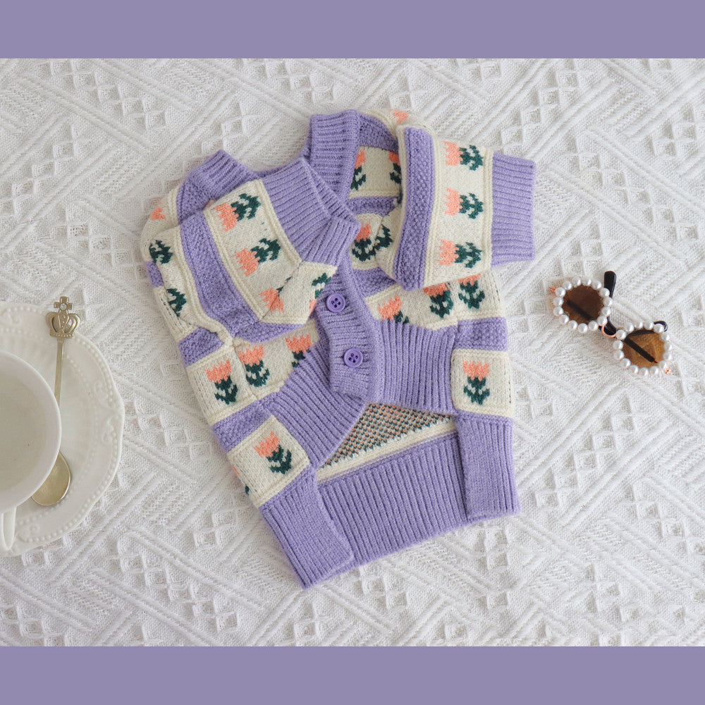 Pet Retro Purple Floral Autumn Winter Knitted Sweater