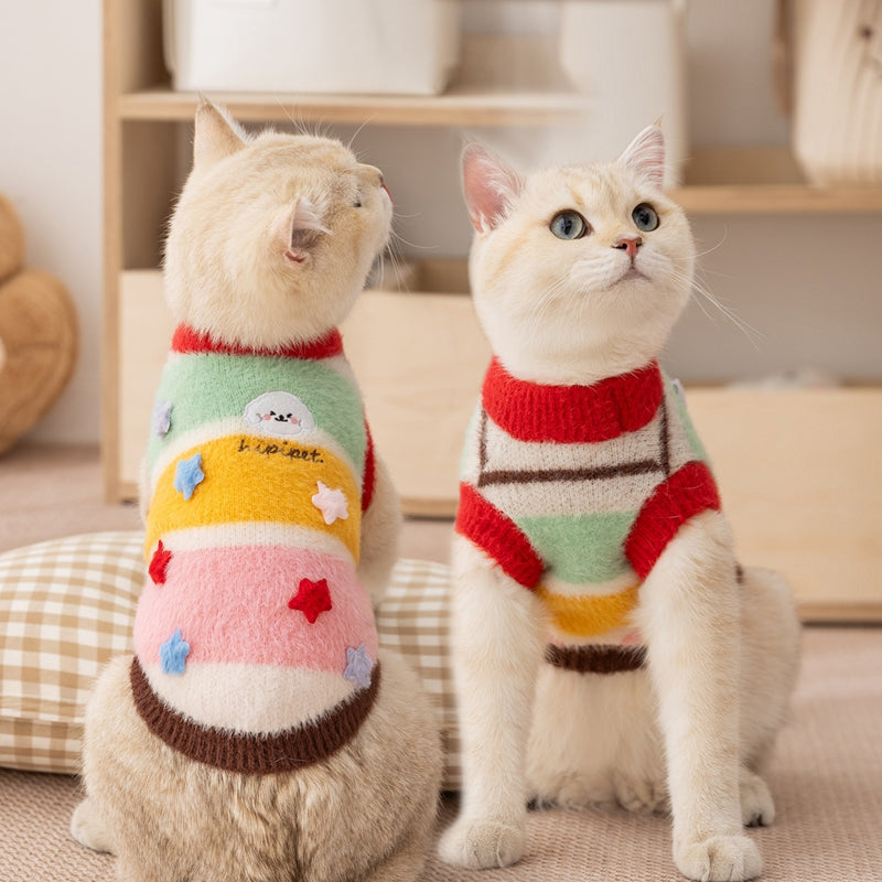 Pet Autumn Winter Cartoon Star Striped Warm Sweater Apparel
