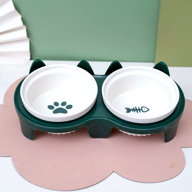 Pet Ceramic Double Bowl Elevated Feeding Set