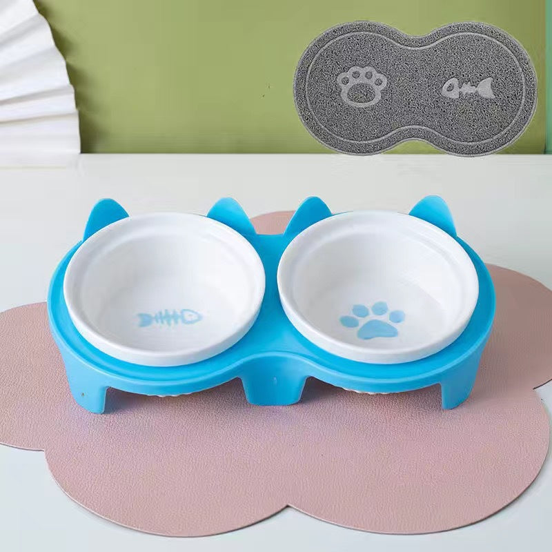 Pet Ceramic Double Bowl Elevated Feeding Set