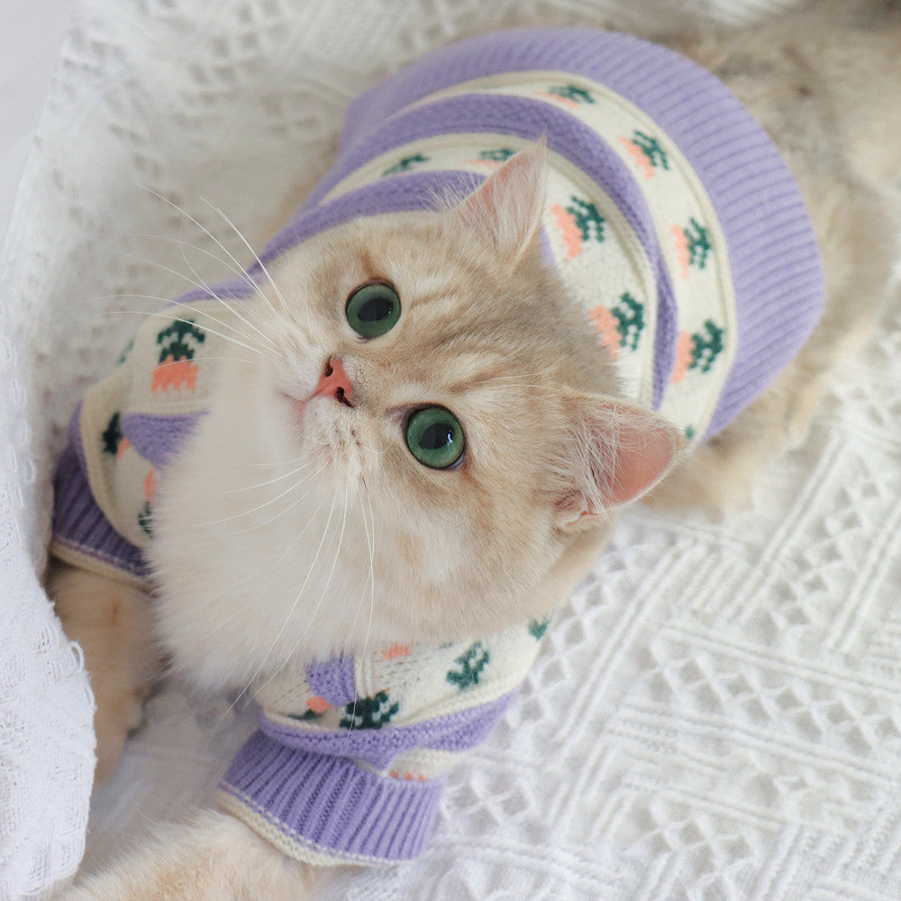 Pet Retro Purple Floral Autumn Winter Knitted Sweater