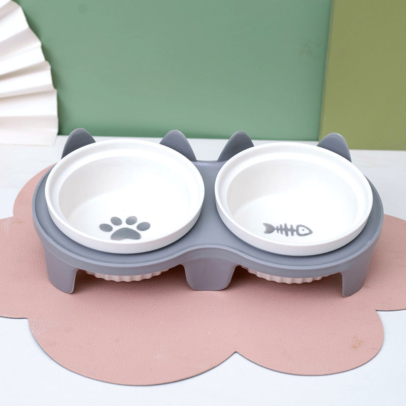 Pet Ceramic Double Bowl Elevated Feeding Set